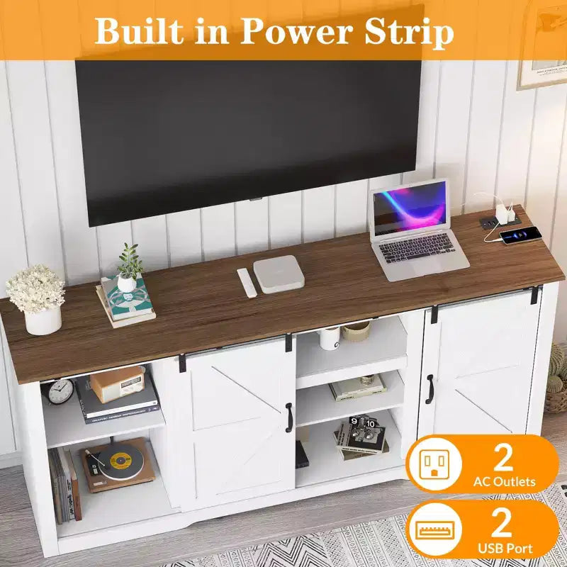 Meubles TV de style rustique pour téléviseurs de 80 pouces, centre de divertissement en bois rustique avec étagères réglables et porte coulissante de grange, table console TV avec rangement ouvert