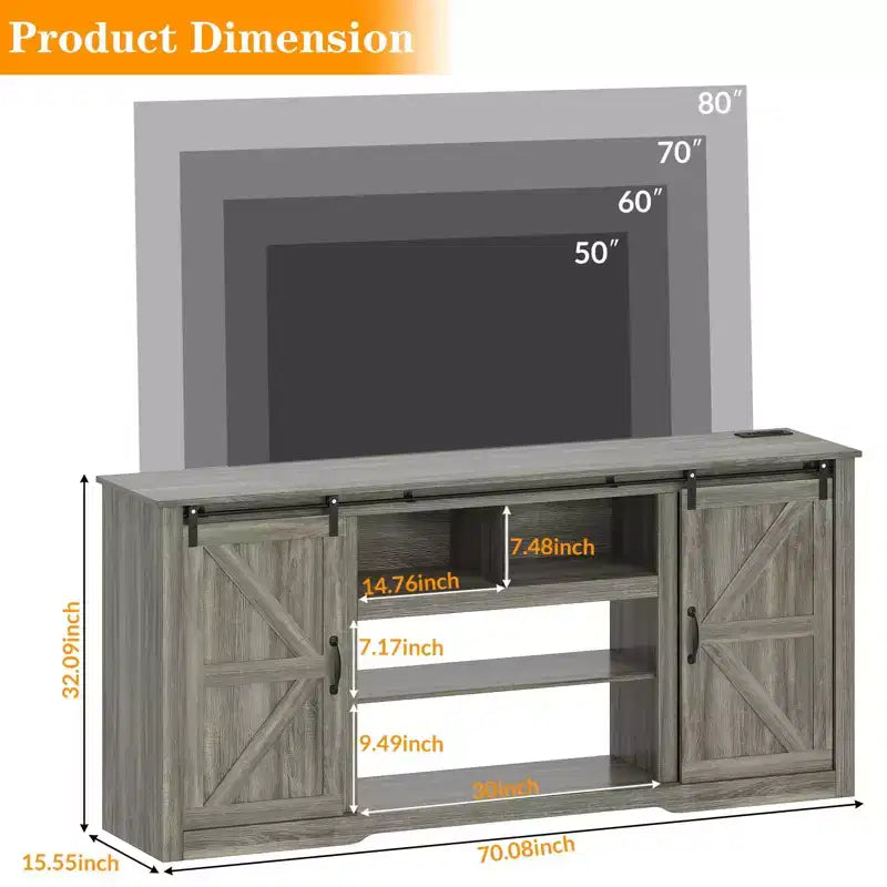 Meubles TV de style rustique pour téléviseurs de 80 pouces, centre de divertissement en bois rustique avec étagères réglables et porte coulissante de grange, table console TV avec rangement ouvert