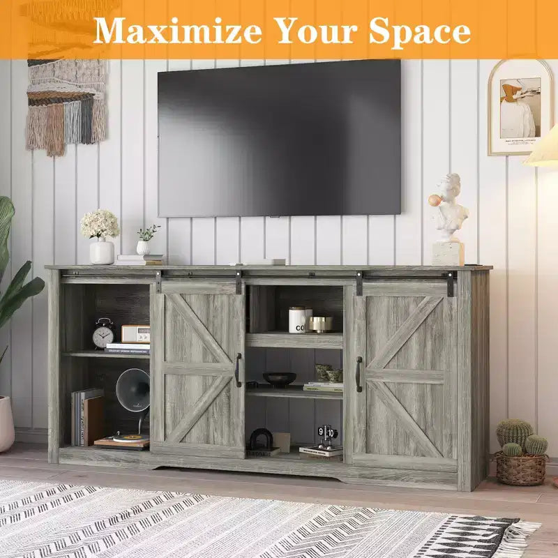 Meubles TV de style rustique pour téléviseurs de 80 pouces, centre de divertissement en bois rustique avec étagères réglables et porte coulissante de grange, table console TV avec rangement ouvert