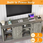 Meubles TV de style rustique pour téléviseurs de 80 pouces, centre de divertissement en bois rustique avec étagères réglables et porte coulissante de grange, table console TV avec rangement ouvert