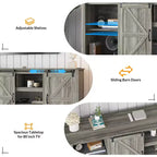 Meubles TV de style rustique pour téléviseurs de 80 pouces, centre de divertissement en bois rustique avec étagères réglables et porte coulissante de grange, table console TV avec rangement ouvert