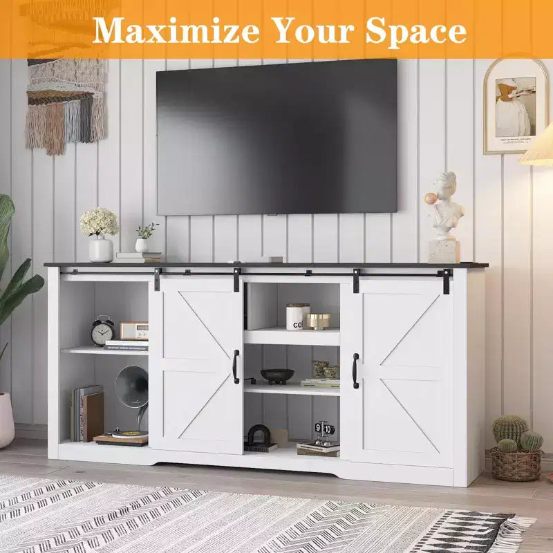Meubles TV de style rustique pour téléviseurs de 80 pouces, centre de divertissement en bois rustique avec étagères réglables et porte coulissante de grange, table console TV avec rangement ouvert