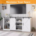 Meubles TV de style rustique pour téléviseurs de 80 pouces, centre de divertissement en bois rustique avec étagères réglables et porte coulissante de grange, table console TV avec rangement ouvert