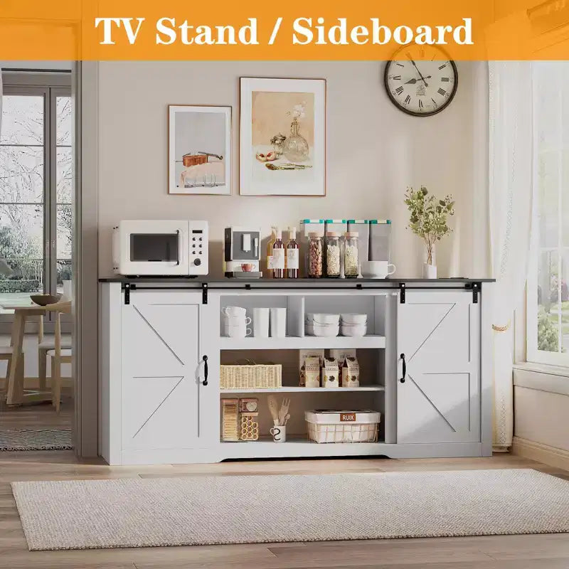 Meubles TV de style rustique pour téléviseurs de 80 pouces, centre de divertissement en bois rustique avec étagères réglables et porte coulissante de grange, table console TV avec rangement ouvert