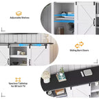 Meubles TV de style rustique pour téléviseurs de 80 pouces, centre de divertissement en bois rustique avec étagères réglables et porte coulissante de grange, table console TV avec rangement ouvert