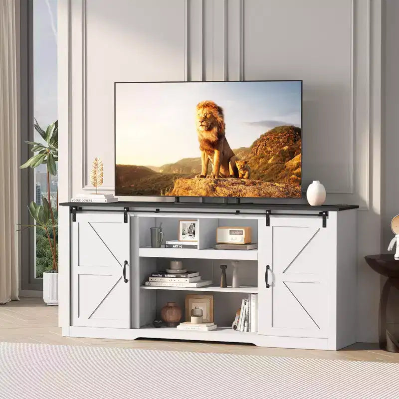 Meubles TV de style rustique pour téléviseurs de 80 pouces, centre de divertissement en bois rustique avec étagères réglables et porte coulissante de grange, table console TV avec rangement ouvert