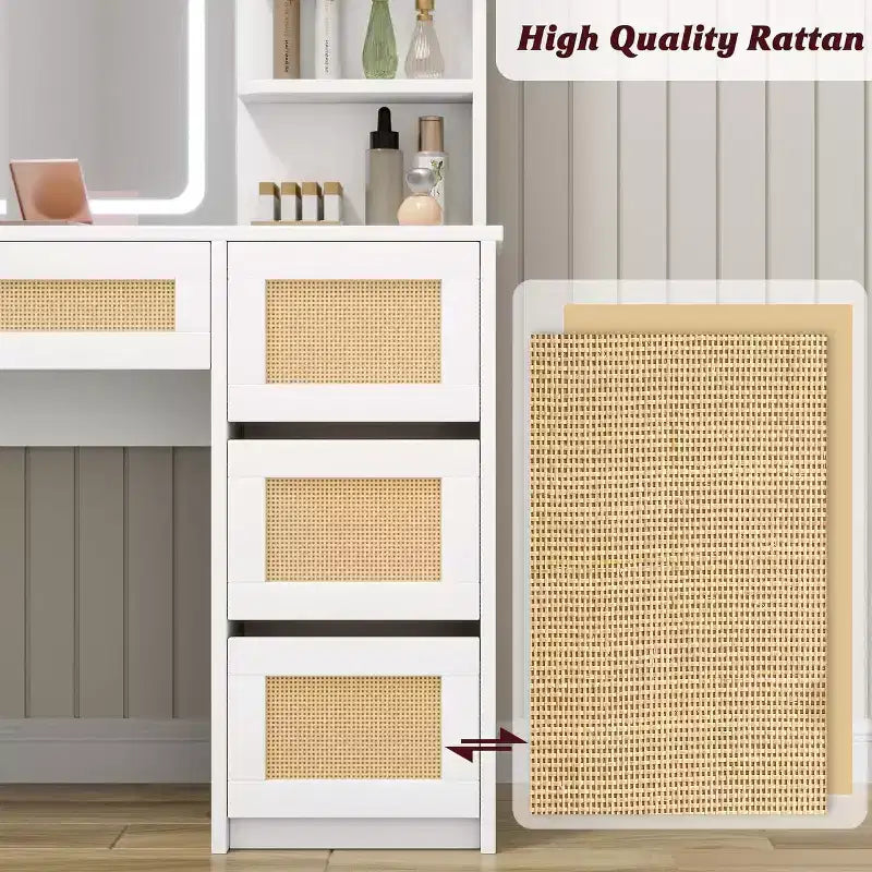 Coiffeuse en rotin avec miroir, coiffeuse de maquillage blanche et dorée, 4 tiroirs, 2 étagères ouvertes, grande table de toilette de rangement pour chambre à coucher