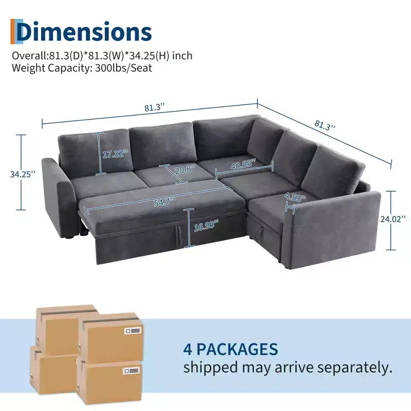 Canapé modulaire convertible avec lit gigogne, canapé d'angle modulaire en chenille avec lit escamotable et siège de rangement et 2 poufs, canapé modulable