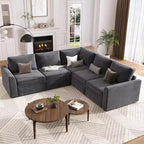 Canapé modulaire convertible avec lit gigogne, canapé d'angle modulaire en chenille avec lit escamotable et siège de rangement et 2 poufs, canapé modulable