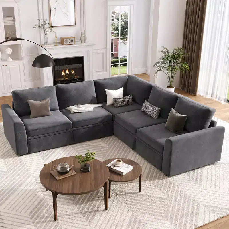 Canapé modulaire convertible avec lit gigogne, canapé d'angle modulaire en chenille avec lit escamotable et siège de rangement et 2 poufs, canapé modulable