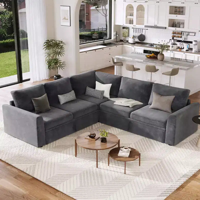 Canapé modulaire convertible avec lit gigogne, canapé d'angle modulaire en chenille avec lit escamotable et siège de rangement et 2 poufs, canapé modulable