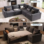 Canapé modulaire convertible avec lit gigogne, canapé d'angle modulaire en chenille avec lit escamotable et siège de rangement et 2 poufs, canapé modulable
