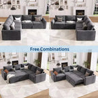 Canapé modulaire convertible avec lit gigogne, canapé d'angle modulaire en chenille avec lit escamotable et siège de rangement et 2 poufs, canapé modulable