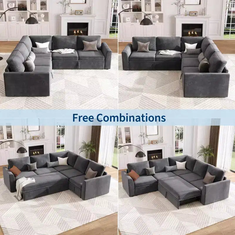 Canapé modulaire convertible avec lit gigogne, canapé d'angle modulaire en chenille avec lit escamotable et siège de rangement et 2 poufs, canapé modulable