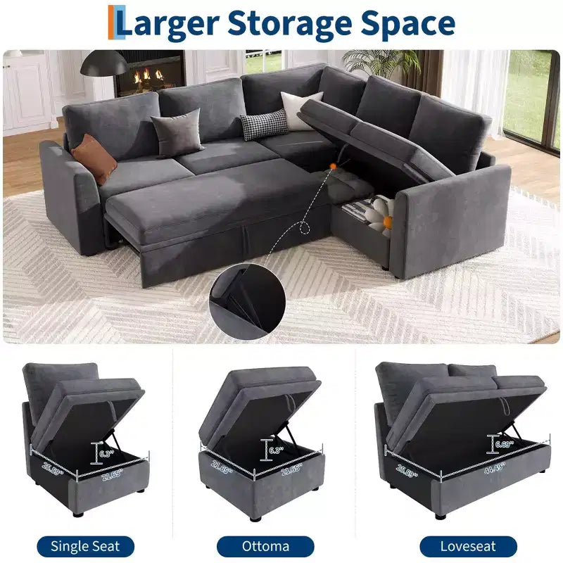 Canapé modulaire convertible avec lit gigogne, canapé d'angle modulaire en chenille avec lit escamotable et siège de rangement et 2 poufs, canapé modulable