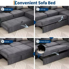 Canapé modulaire convertible avec lit gigogne, canapé d'angle modulaire en chenille avec lit escamotable et siège de rangement et 2 poufs, canapé modulable