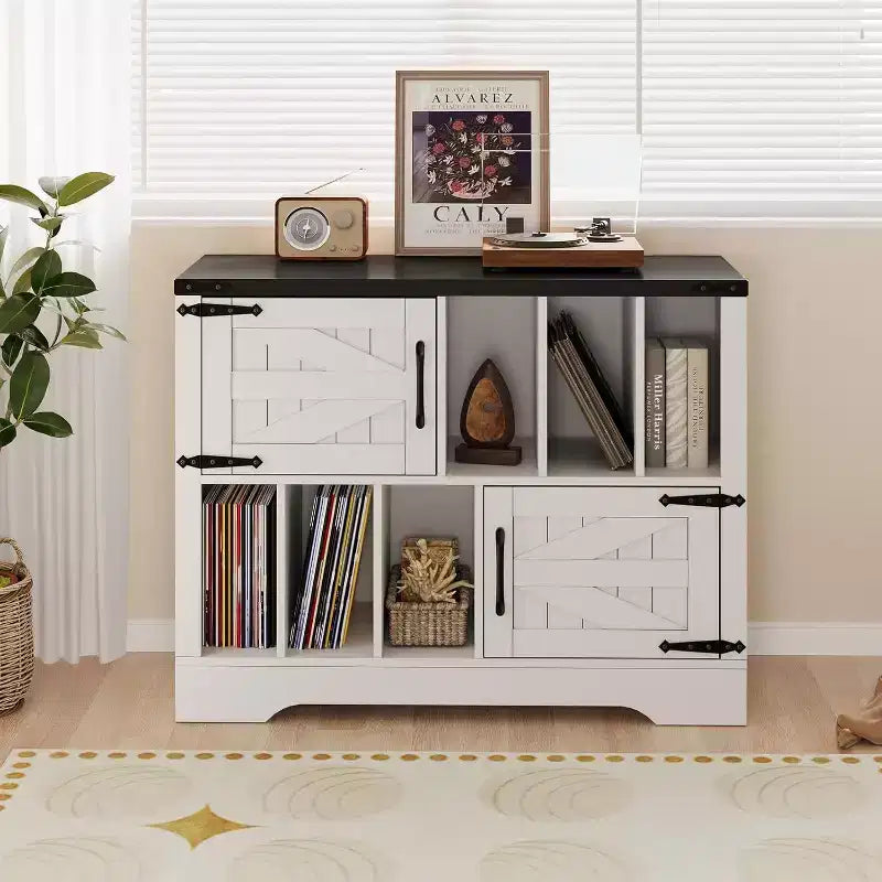 Meuble de rangement pour disques vinyles COZONY 39, meuble de platine en bois de style ferme avec 2 portes de grange, grande table de platine pour salon et chambre