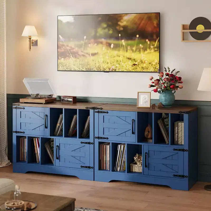 Meuble de rangement pour disques vinyles COZONY 39, meuble de platine en bois de style ferme avec 2 portes de grange, grande table de platine pour salon et chambre