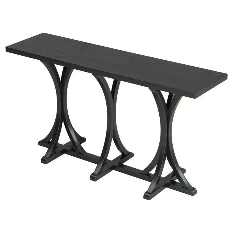 JVNOXK59.8'' Console en bois avec plateau en placage de chêne, Table d'entrée de ferme avec pieds incurvés élancés en bois d'hévéa, Noir