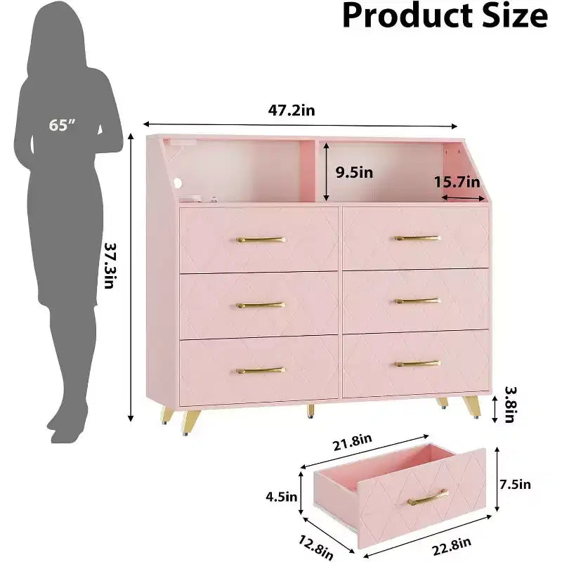 Commode Acekool à 6 tiroirs avec station d'alimentation, façade géométrique et pieds dorés, meuble de rangement moderne pour chambre à coucher, salon, entrée