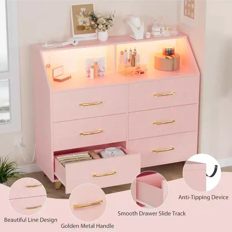 Commode Acekool à 6 tiroirs avec station d'alimentation, façade géométrique et pieds dorés, meuble de rangement moderne pour chambre à coucher, salon, entrée