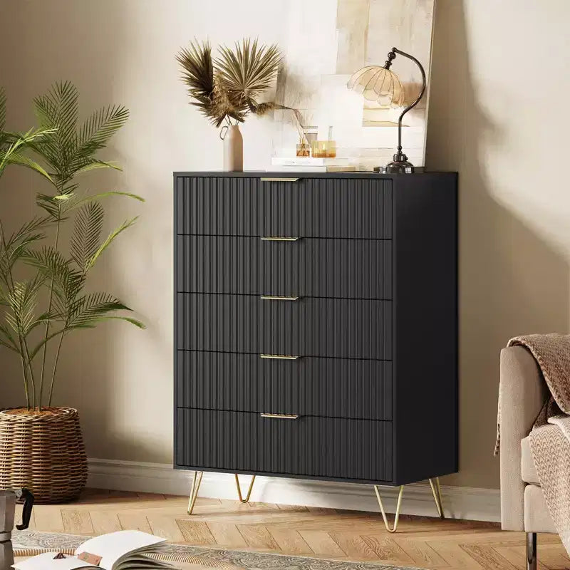 Modern Fluted 5-Drawer Dresser 47.72 Tall, Natural Oak, Gold Handles, 200 lbs Top, Anti-Tip, Waterproof, Bedroom/Hallway Statement Storage