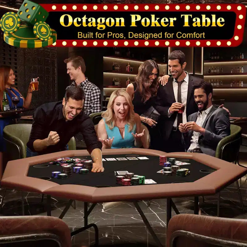 Table de poker octogonale à 8 joueurs pliable marron avec porte-gobelets pour le Texas Hold'em et le Blackjack (équipement de jeu professionnel pour la maison)