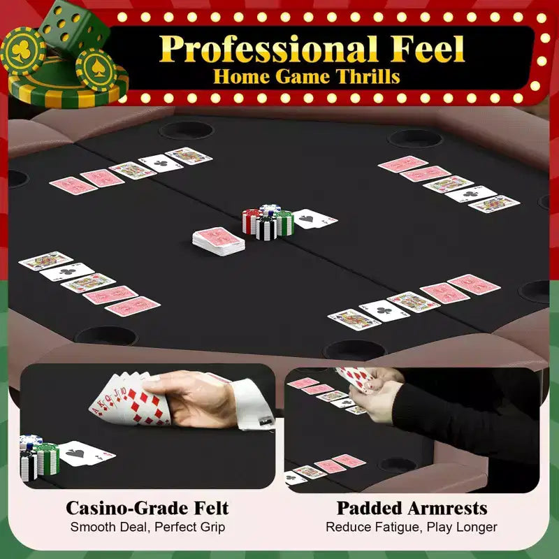 Table de poker octogonale à 8 joueurs pliable marron avec porte-gobelets pour le Texas Hold'em et le Blackjack (équipement de jeu professionnel pour la maison)