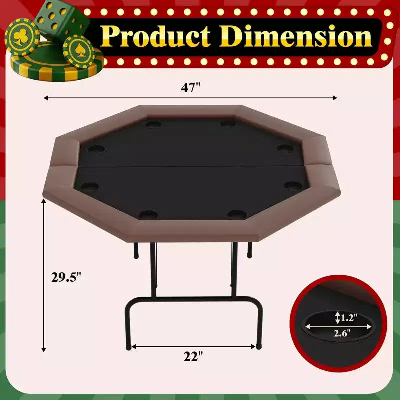 Table de poker octogonale à 8 joueurs pliable marron avec porte-gobelets pour le Texas Hold'em et le Blackjack (équipement de jeu professionnel pour la maison)