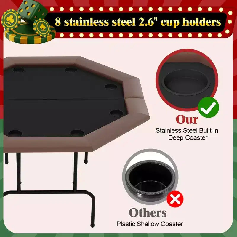 Table de poker octogonale à 8 joueurs pliable marron avec porte-gobelets pour le Texas Hold'em et le Blackjack (équipement de jeu professionnel pour la maison)