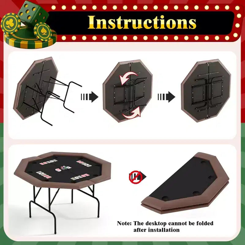 Table de poker octogonale à 8 joueurs pliable marron avec porte-gobelets pour le Texas Hold'em et le Blackjack (équipement de jeu professionnel pour la maison)