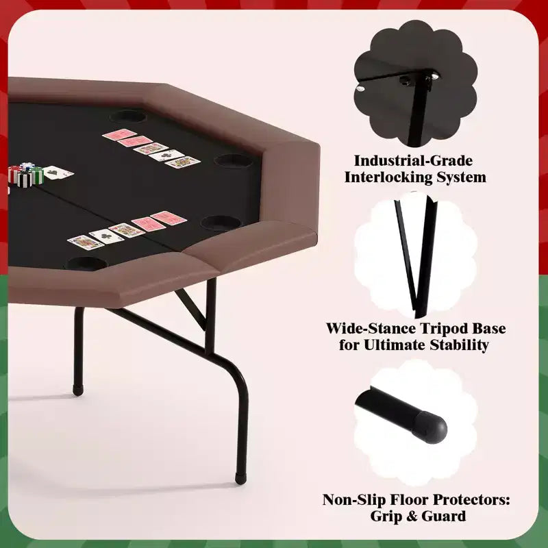 Table de poker octogonale à 8 joueurs pliable marron avec porte-gobelets pour le Texas Hold'em et le Blackjack (équipement de jeu professionnel pour la maison)
