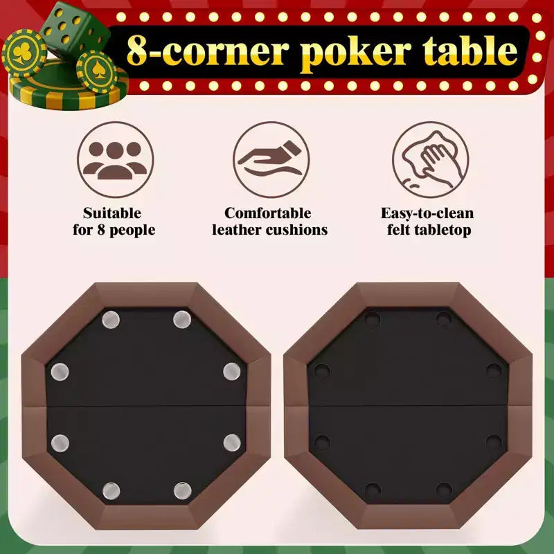 Table de poker octogonale à 8 joueurs pliable marron avec porte-gobelets pour le Texas Hold'em et le Blackjack (équipement de jeu professionnel pour la maison)