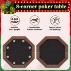 Table de poker octogonale à 8 joueurs pliable marron avec porte-gobelets pour le Texas Hold'em et le Blackjack (équipement de jeu professionnel pour la maison)