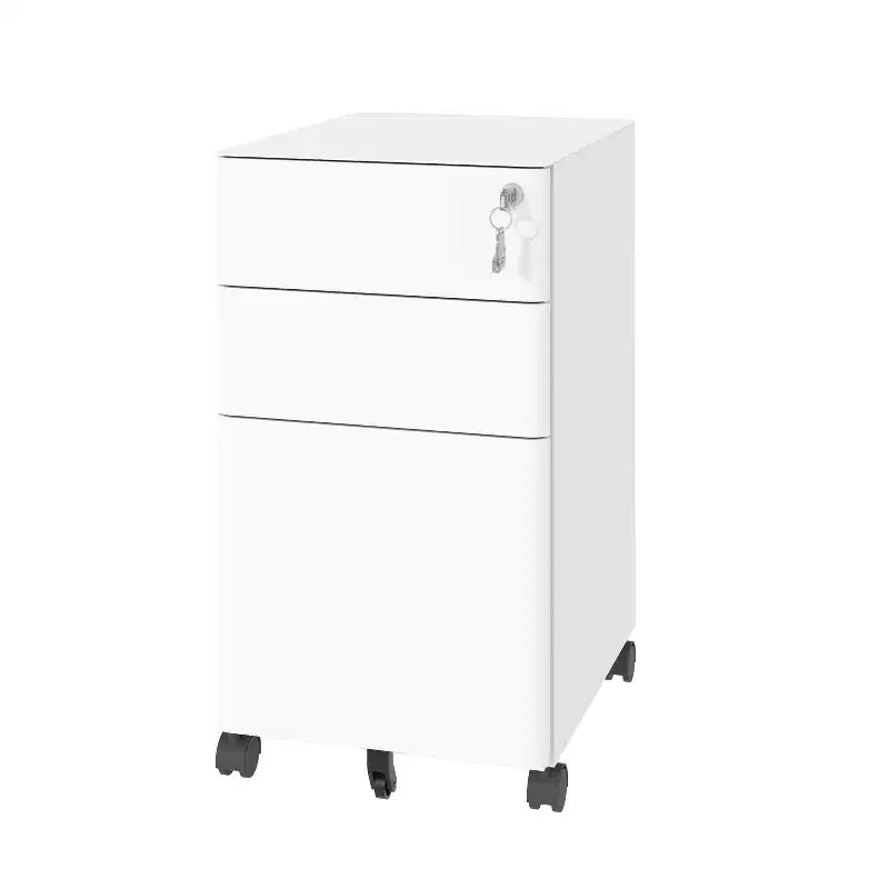 VIYET Classeur mobile à 3 tiroirs avec serrure – Entièrement en acier, anti-basculement, tiroirs peu profonds et profonds, blanc pour bureau/maison (convient aux formats A4/Lettre)