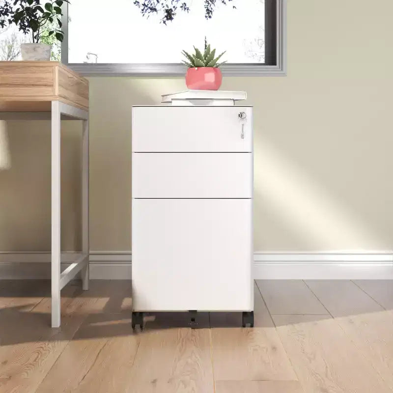 VIYET Classeur mobile à 3 tiroirs avec serrure – Entièrement en acier, anti-basculement, tiroirs peu profonds et profonds, blanc pour bureau/maison (convient aux formats A4/Lettre)