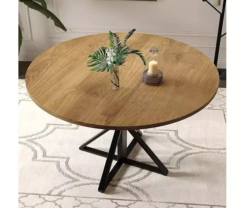 Table de salle à manger ronde de 119 cm pour 4 personnes, table de dîner circulaire en bois, piédestal en métal robuste et plateau de table en 4 parties, tables de cuisine rondes à piédestal