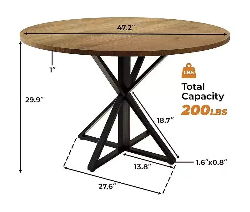 Table de salle à manger ronde de 119 cm pour 4 personnes, table de dîner circulaire en bois, piédestal en métal robuste et plateau de table en 4 parties, tables de cuisine rondes à piédestal