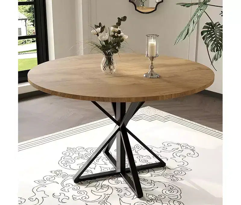 Table de salle à manger ronde de 119 cm pour 4 personnes, table de dîner circulaire en bois, piédestal en métal robuste et plateau de table en 4 parties, tables de cuisine rondes à piédestal
