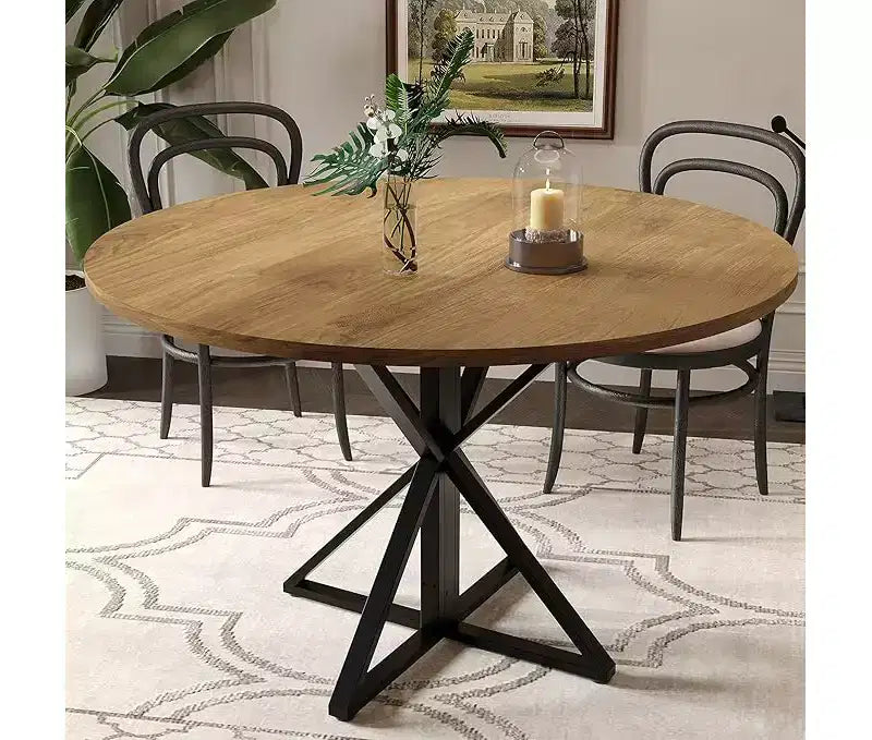 Table de salle à manger ronde de 119 cm pour 4 personnes, table de dîner circulaire en bois, piédestal en métal robuste et plateau de table en 4 parties, tables de cuisine rondes à piédestal