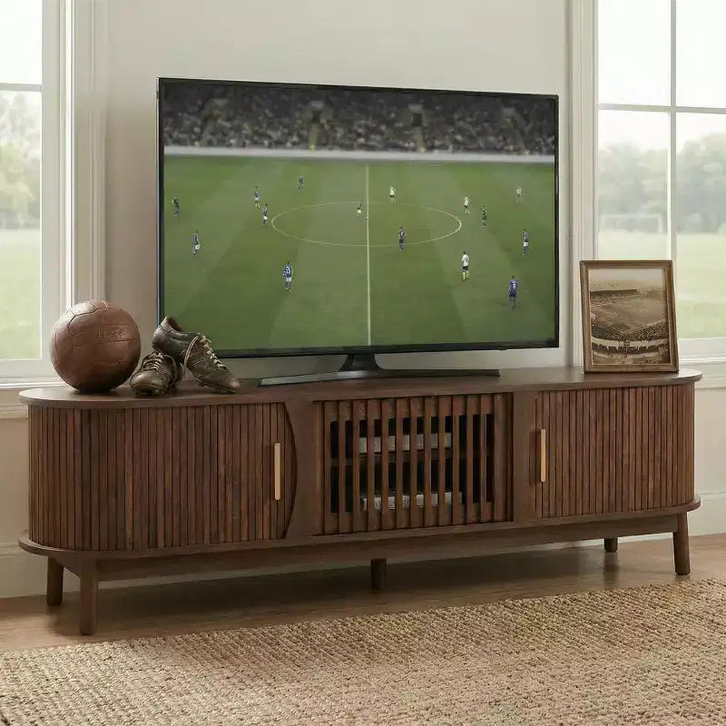 JVNOXKMeuble TV moderne de style « farmhouse » pour téléviseurs de 75 po, centre de divertissement en bois avec rangement, console TV pour salon
