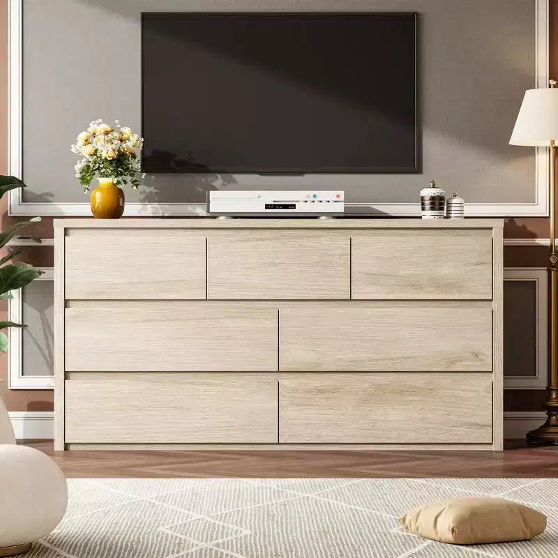 Commode 7 tiroirs pour chambre à coucher, commode en bois de 53 po de largeur, organisateur de rangement de vêtements sans poignée, meuble TV pour couloir, chambre à coucher