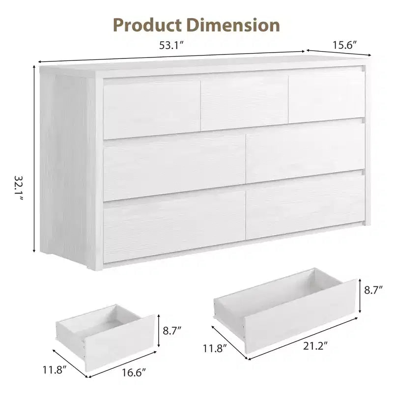 Commode 7 tiroirs pour chambre à coucher, commode en bois de 53 po de largeur, organisateur de rangement de vêtements sans poignée, meuble TV pour couloir, chambre à coucher
