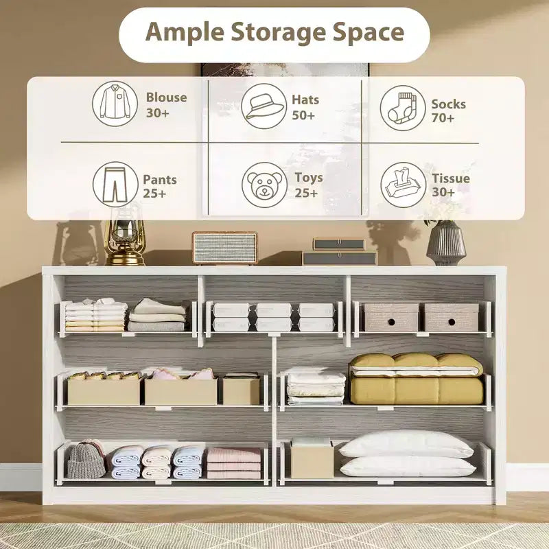Commode 7 tiroirs pour chambre à coucher, commode en bois de 53 po de largeur, organisateur de rangement de vêtements sans poignée, meuble TV pour couloir, chambre à coucher