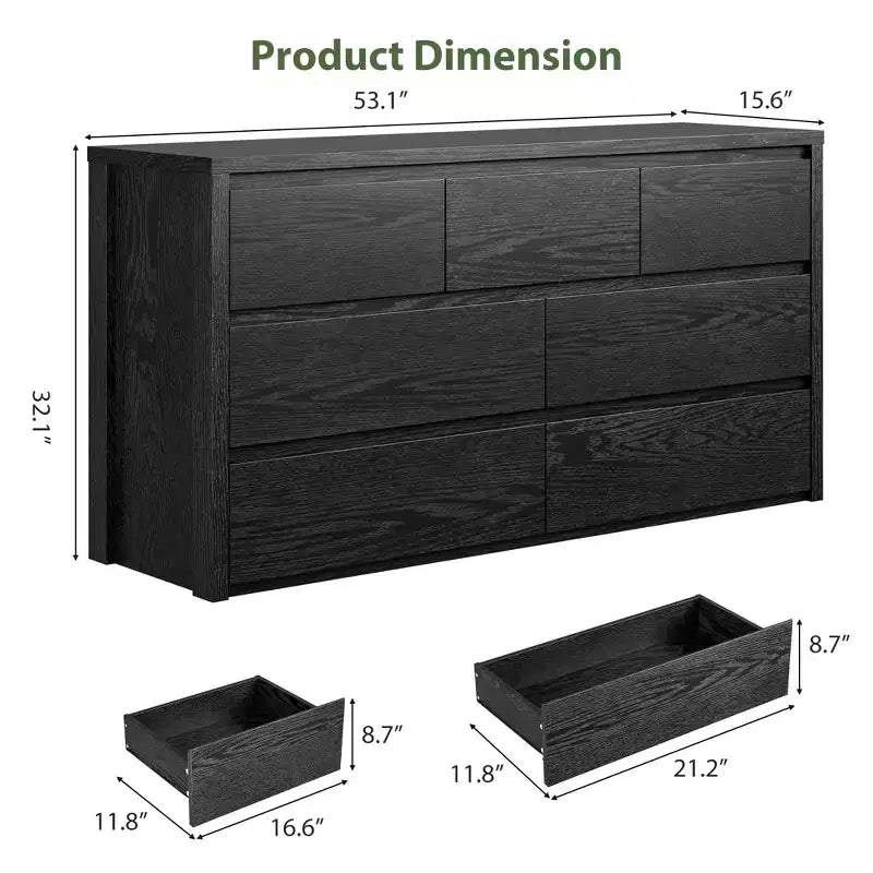 Commode 7 tiroirs pour chambre à coucher, commode en bois de 53 po de largeur, organisateur de rangement de vêtements sans poignée, meuble TV pour couloir, chambre à coucher