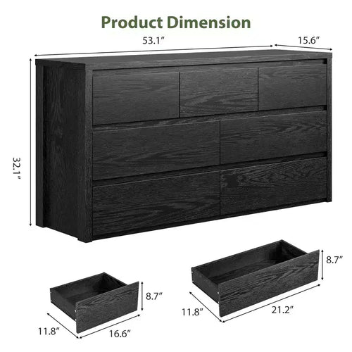 Commode 7 tiroirs pour chambre à coucher, commode en bois de 53 po de largeur, organisateur de rangement de vêtements sans poignée, meuble TV pour couloir, chambre à coucher