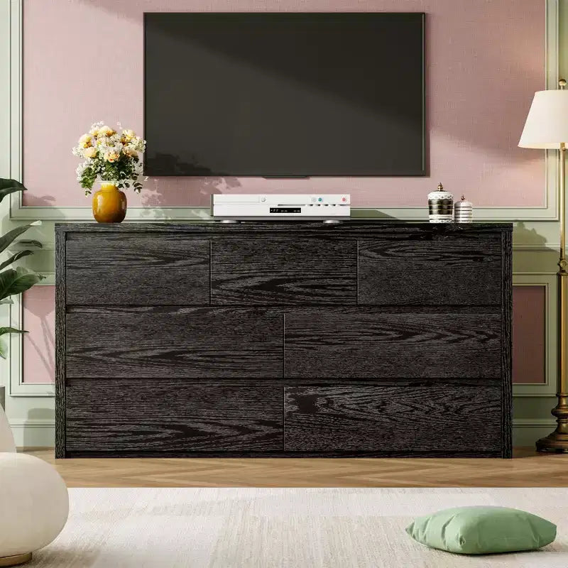 Commode 7 tiroirs pour chambre à coucher, commode en bois de 53 po de largeur, organisateur de rangement de vêtements sans poignée, meuble TV pour couloir, chambre à coucher