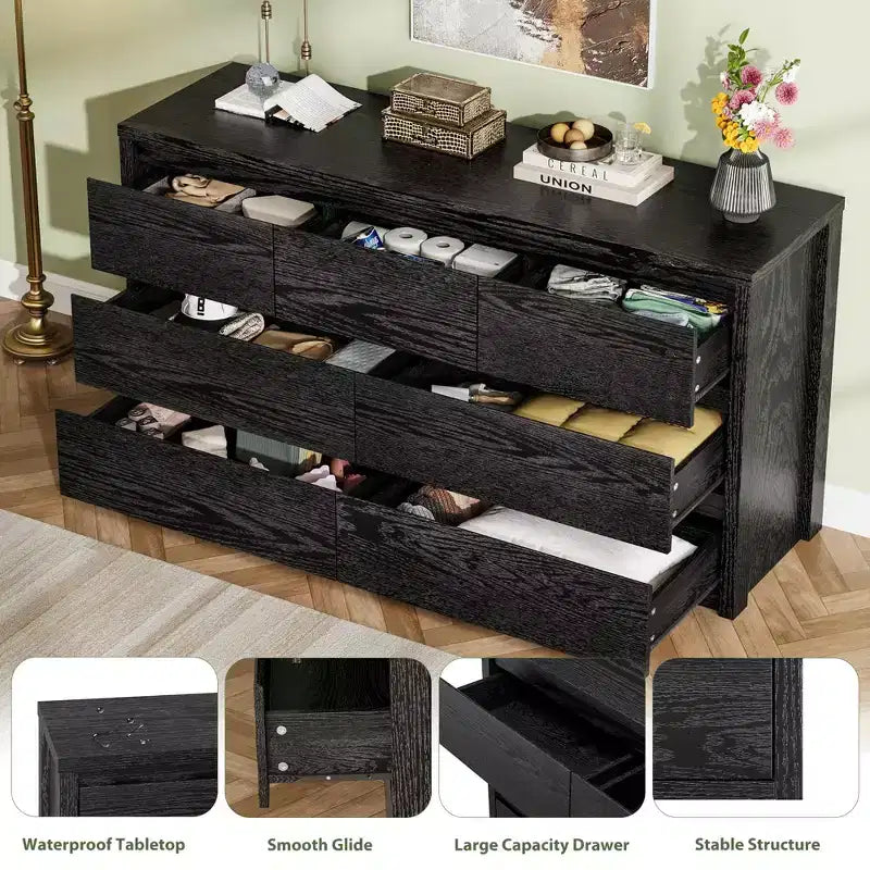 Commode 7 tiroirs pour chambre à coucher, commode en bois de 53 po de largeur, organisateur de rangement de vêtements sans poignée, meuble TV pour couloir, chambre à coucher