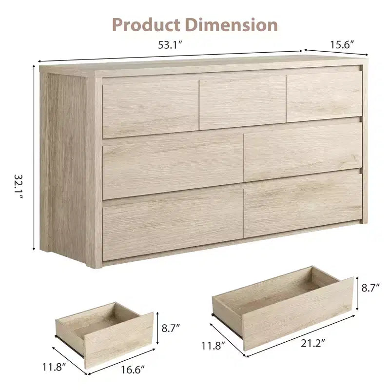 Commode 7 tiroirs pour chambre à coucher, commode en bois de 53 po de largeur, organisateur de rangement de vêtements sans poignée, meuble TV pour couloir, chambre à coucher