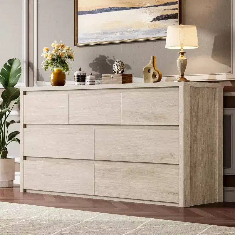 Commode 7 tiroirs pour chambre à coucher, commode en bois de 53 po de largeur, organisateur de rangement de vêtements sans poignée, meuble TV pour couloir, chambre à coucher